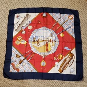 Vtg Gucci Limited Edition Golf Golfing 100% Silk Scarf 34"x34" Square Blue Red